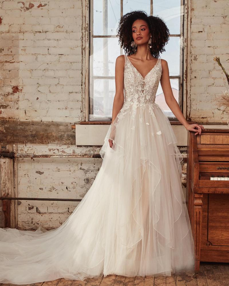La21236 layered tulle wedding dress with open back and a line silhouette2